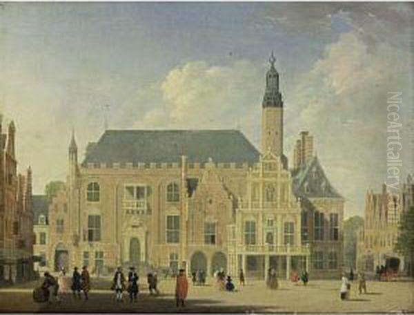 Haarlem: A View Of The Town Hall With Elegant Figures Promenading Oil Painting by Jan ten Compe