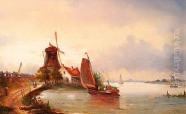 Activities By An Estuary Oil Painting by Jacob Ten Hagen