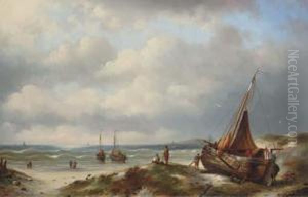 Bomschuiten On The Coastline Oil Painting by Jacob Ten Hagen