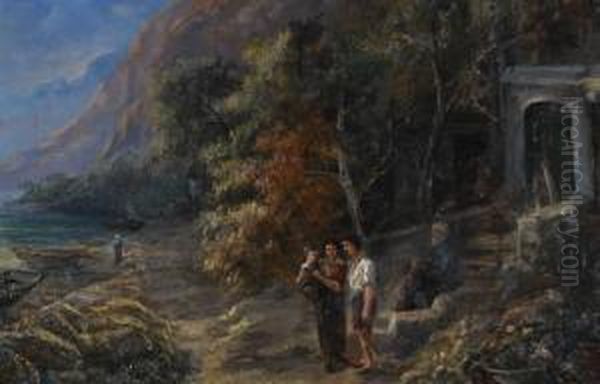 Figures On A Continental Riverbank Oil Painting by Jan Jacob Lodewijk Ten Kate