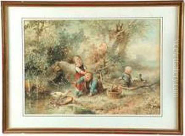 Three Children Playing Near A Mother Goose Oil Painting by Jan Jacob Lodewijk Ten Kate