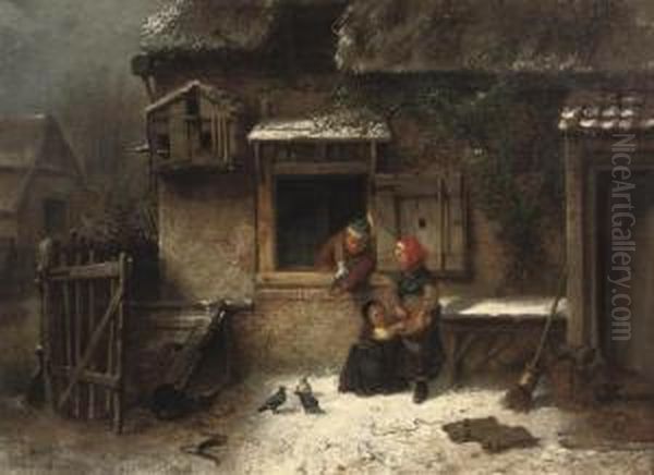 Feeding The Pigeons In Winter Oil Painting by Jan Mari Henri Ten Kate