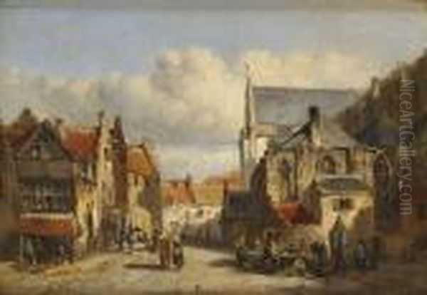 Rue Animee Pres D'une Eglise Oil Painting by Johan Mari Ten Kate