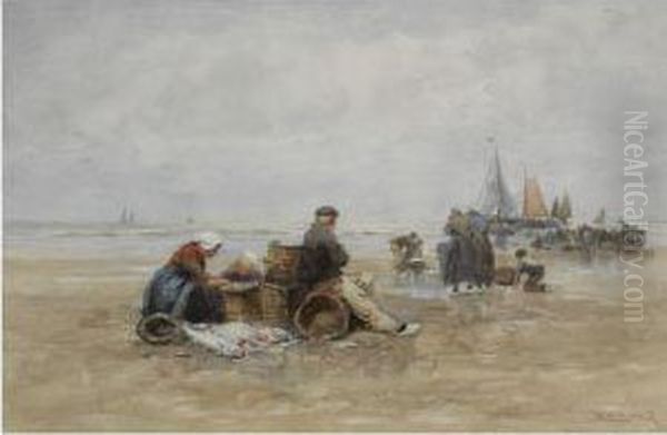 Fishermen On The Beach Oil Painting by Johan Mari Ten Kate