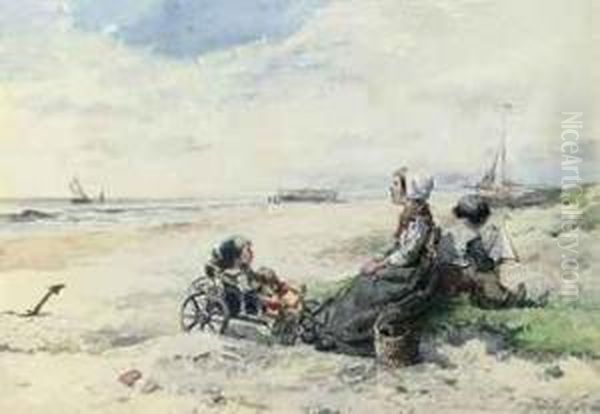 A Mother With Her Children On The Dutch Coast Oil Painting by Johan Mari Ten Kate