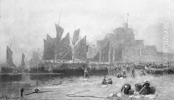 Unloading The Day'S Catch Before Ambleteuse Castle, Normandy Oil Painting by Henry Andrews