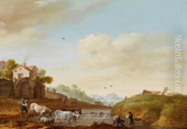 A River Landscape Oil Painting by Johannes Willem Tengeler