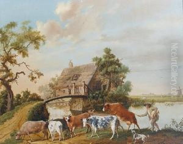 A Cattle And Drover On The Banks Of A River by Johannes Willem Tengeler