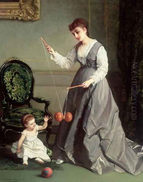 `Angel and Devil' or `Playing Diabolo, The-Devil-on-two-Sticks' 1868 Oil Painting by Cesare Felix dell' Acqua