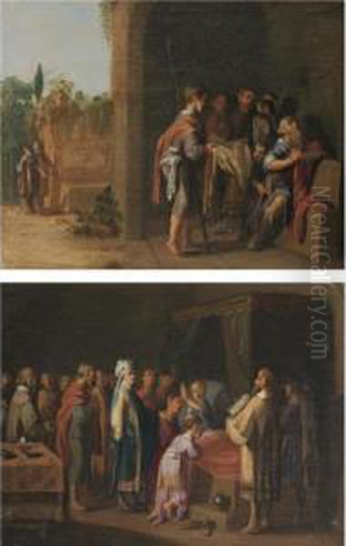 The Presentation Of Joseph's Bloodstained Coat To His Father Jacob; Jacob Blessing The Sons Of Joseph Oil Painting by Jan Tengnagel