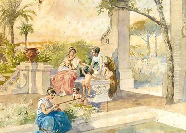 A Classical figure fishing beside a pool in an ornate garden Oil Painting by Cesare Felix dell' Acqua