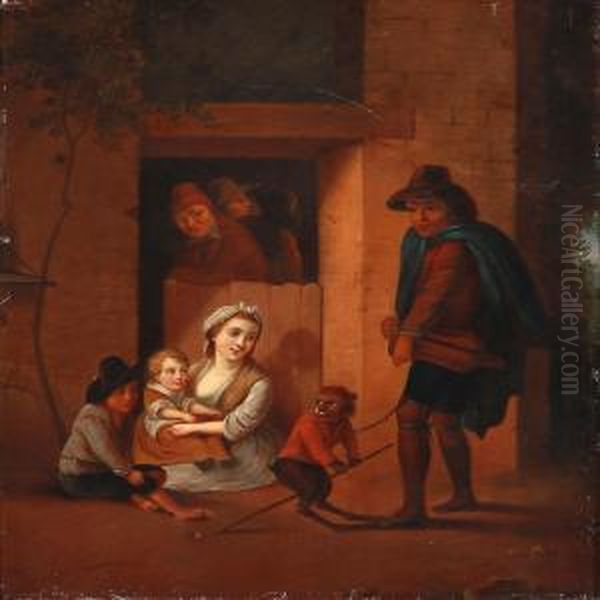 A Man Entertains A Family With His Monkey Oil Painting by Abraham Teniers