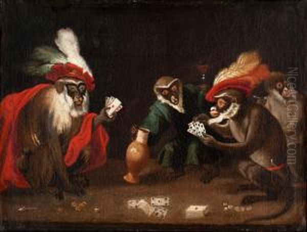 Apes Playing Cards Oil Painting by Abraham Teniers