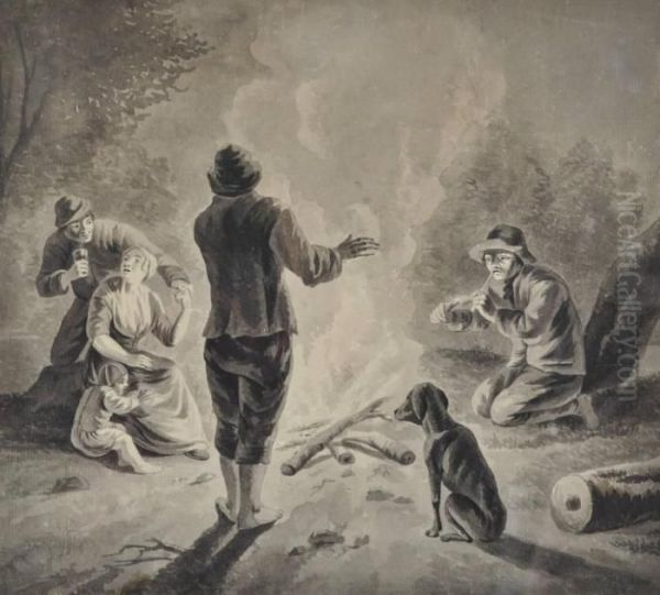 Figures Round A Camp Fire Oil Painting by David The Younger Teniers