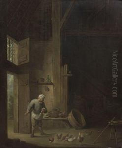 Interieur De Grange Avec Paysan Nourrissant Ses Poules Oil Painting by David The Elder Teniers