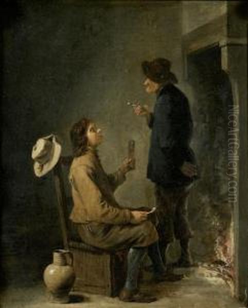 Two Men Smoking And Drinking Before An Open Fire Oil Painting by David The Elder Teniers