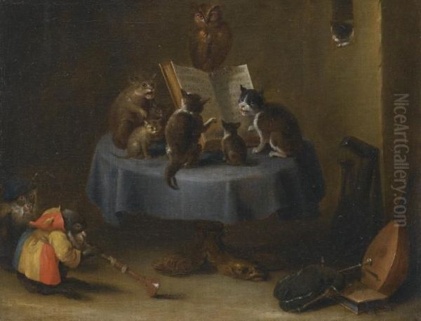 An Interior Scene With Cats, Monkeys And Owls Making Music Oil Painting by David The Younger Teniers