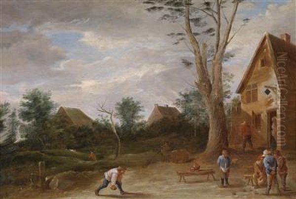 Peasants Playing Boules In Front Of An Inn Oil Painting by David The Younger Teniers