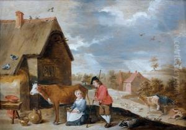 Couple De Fermiers Dans La Cour De Leur Ferme Oil Painting by David Teniers De Jonge