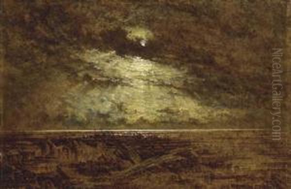 Sunset Off A Rocky Shore; And A Moonlit Shore Oil Painting by George F. Teniswood