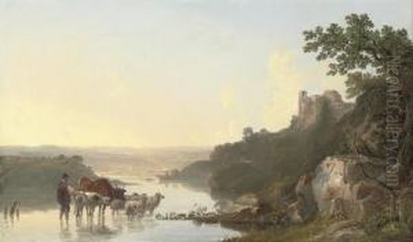 A Wooded River Landscape With A Shepherd And His Cattle In The Foreground, A Castle Beyond Oil Painting by John F Tennant