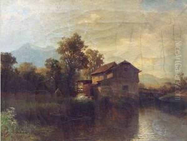 Wassermuhle Mit Wehr, Baum Und Figurenstaffage In Hugeliger Landschaft Oil Painting by Eduard Tenner