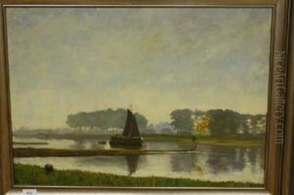 Platbodem In Rivierlandschap Oil Painting by Frederik Adolph Tepe