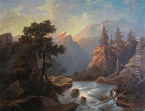 View From The Swiss Alps Oil Painting by Jean Marc Benjamin Tepping