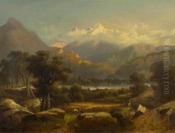 Gebirgslandschaft Mit Heuernte Im Vordergrund. Oil Painting by Jean Marc Benjamin Tepping