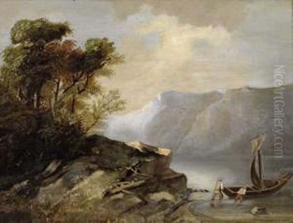 Paysage Lacustre Avec Barque Oil Painting by Jean Marc Benjamin Tepping