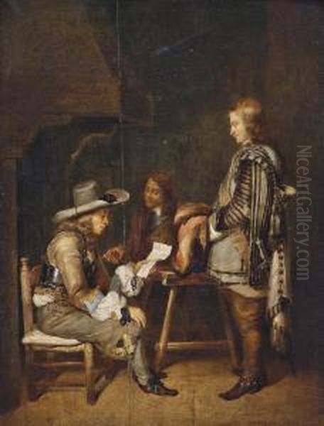 Ter Borch; And After Pieter Cornelisz. Van Slingelandt Guardsmen Reading A Letter In An Interior Oil Painting by Gerard Terborch