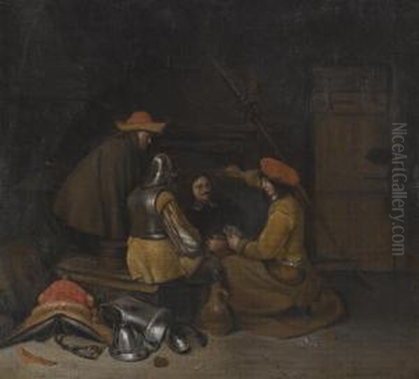 A Guardroom Interior With Four Figures Drinking And Playing Cards Oil Painting by Gerard Terborch