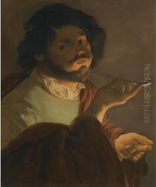 A Bravo Smoking Oil Painting by Hendrick Terbrugghen