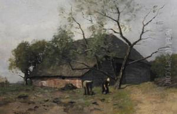 Farmworkers Before A Thatched Barn Oil Painting by Francois Pieter ter Meulen