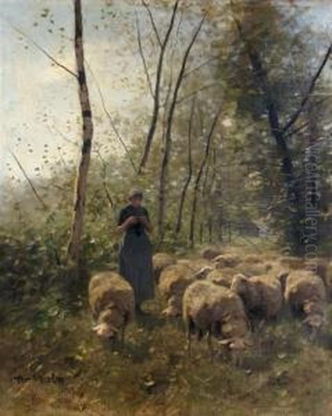 Shepherdess And Flock Oil Painting by Francois Pieter ter Meulen