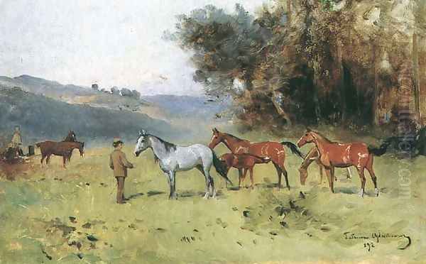 Horses Near the Forest's Edge Oil Painting by Thaddaus von Ajdukiewicz