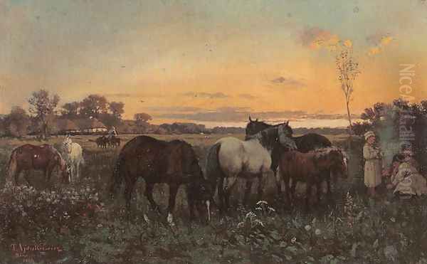 Grazing Horses Oil Painting by Thaddaus von Ajdukiewicz