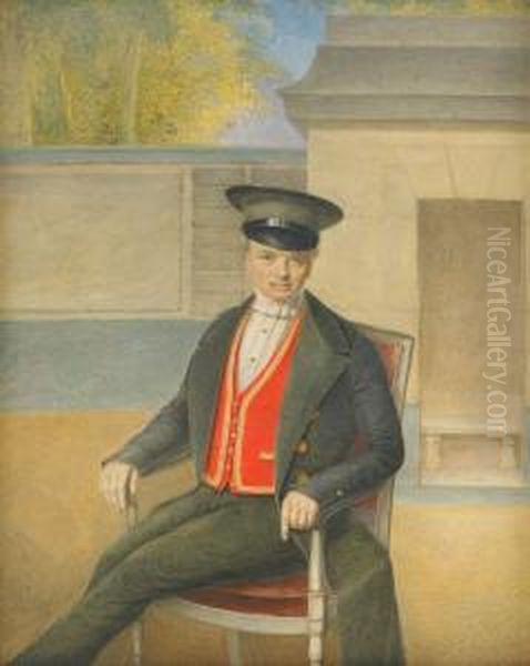 Portrait Of A Coachman In A Red Waistcoat Oil Painting by Mikhail Ivanovich Terebenev