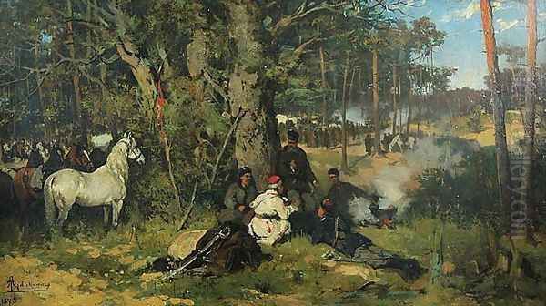 Insurgents' Camp in the Forest Oil Painting by Thaddaus von Ajdukiewicz