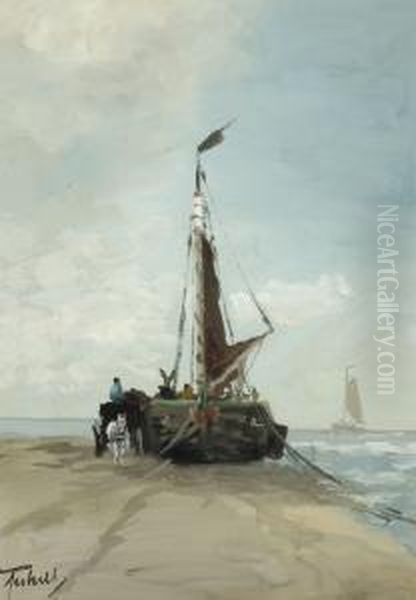 Flatboats On The Beach Oil Painting by Adriaan Christian W. Terhell