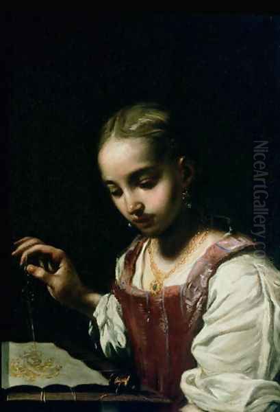 A Girl Sewing Oil Painting by Antonio Amorosi