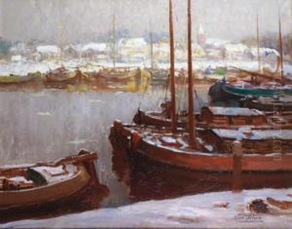 Les Bateaux Sous La Neige Oil Painting by Kees Terlouw