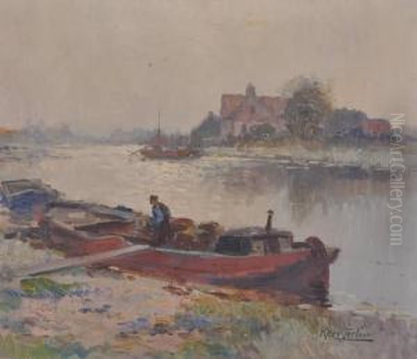 Barges On A Dutch Canal Oil Painting by Kees Terlouw