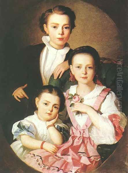 Portrait of Istvan, Emma and Minka Czobel 1857 Oil Painting by Gyorgyi Alajos Giergl