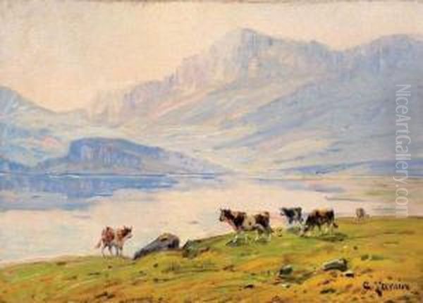 Vaches Au Bord Du Lac D'aiguebelette Oil Painting by Clovis Frederick Terraire