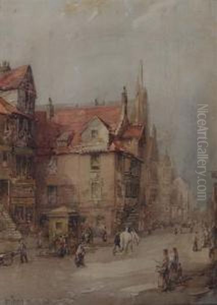 Figures In A Continental Street Oil Painting by John Terris