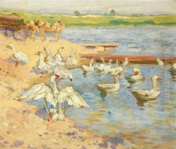 Geese On A Lake Oil Painting by August Ters