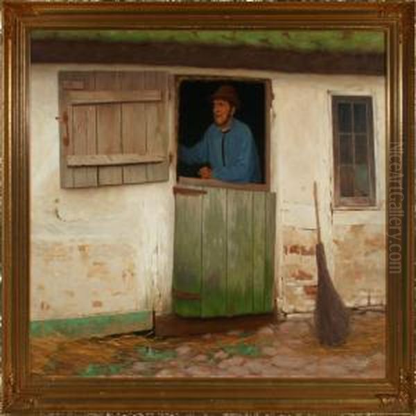 A Farmer Standing In The Stable Door Oil Painting by Anders Christian Terslose