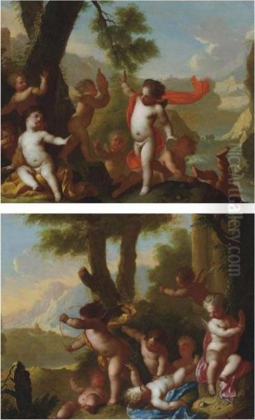 Putti Disporting In A River Landscape Oil Painting by Matheus Terwesten