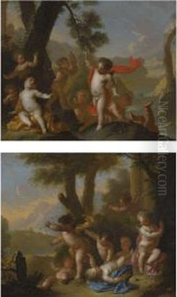 Landscapes With Putti Cavorting In A Landscape Oil Painting by Matheus Terwesten